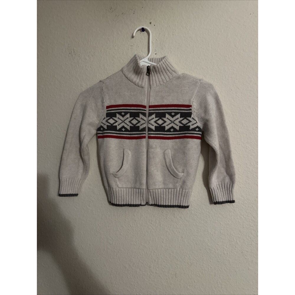 Old Navy Boy 4T Full Zip Front Sweater Cream Gray Red Front Pockets Casual Prep